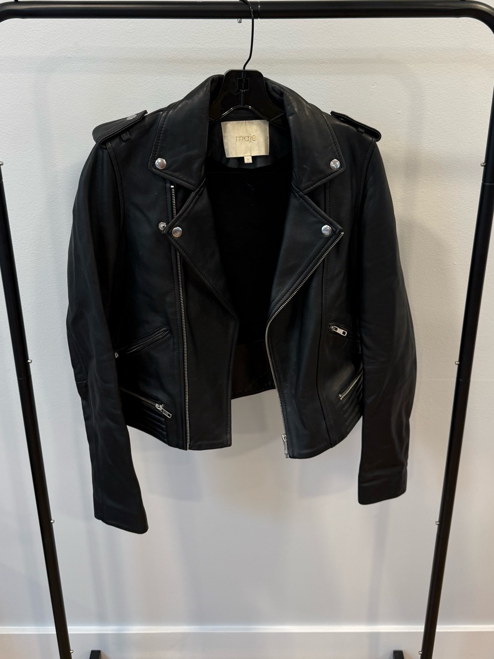 Maje Women’s Black Genuine Leather Cropped Biker Jacket